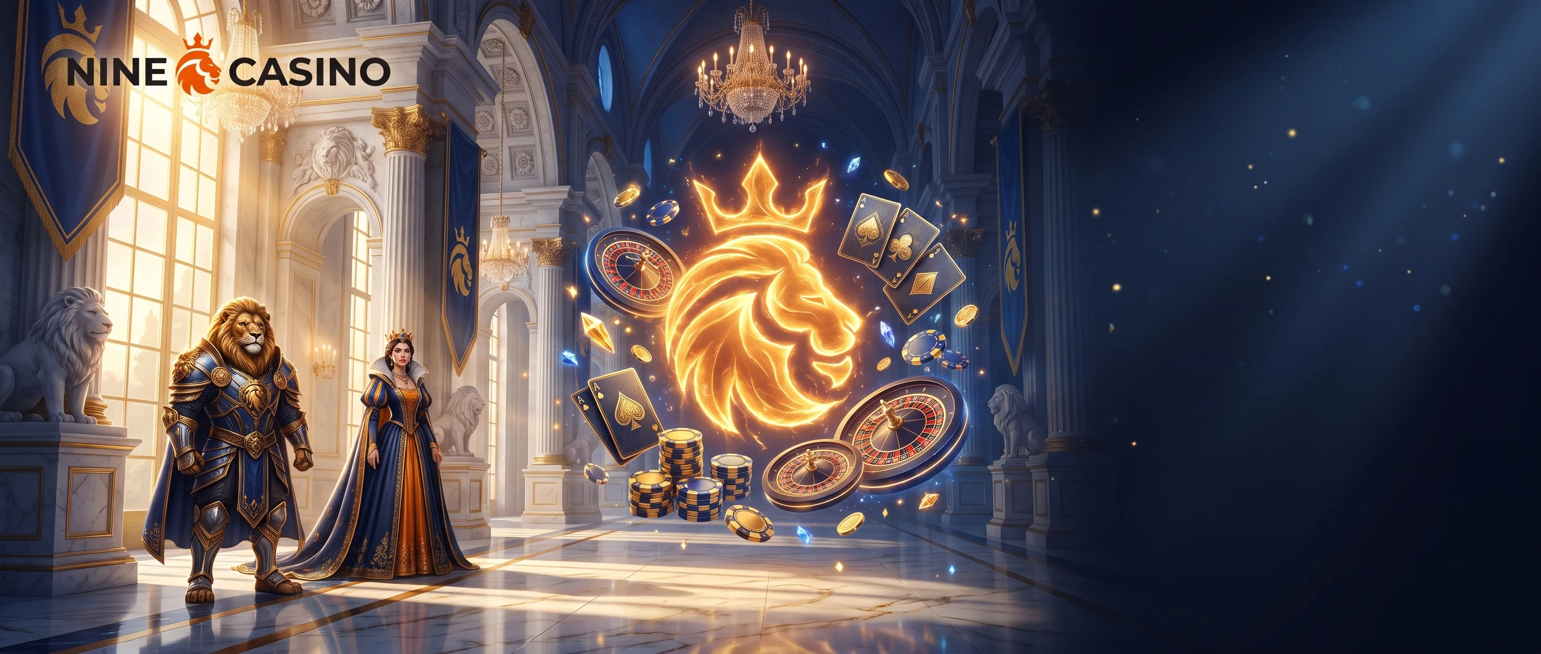 Royal casino hall with a glowing golden lion and playing cards